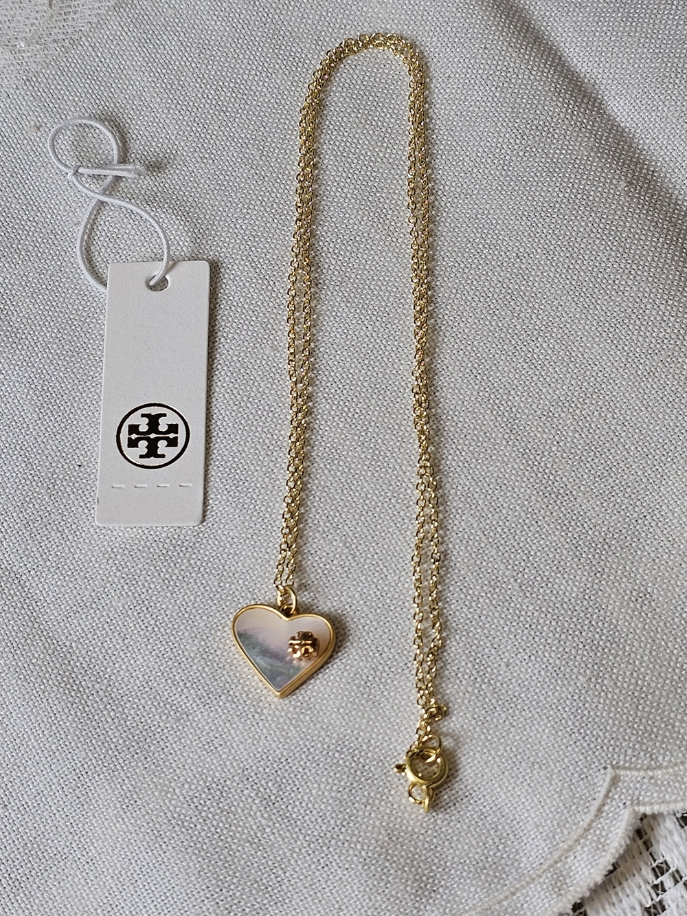 Tory Burch Kira Heart Pendant Necklace Gold Tone Mother Of Pearl Double T Logo